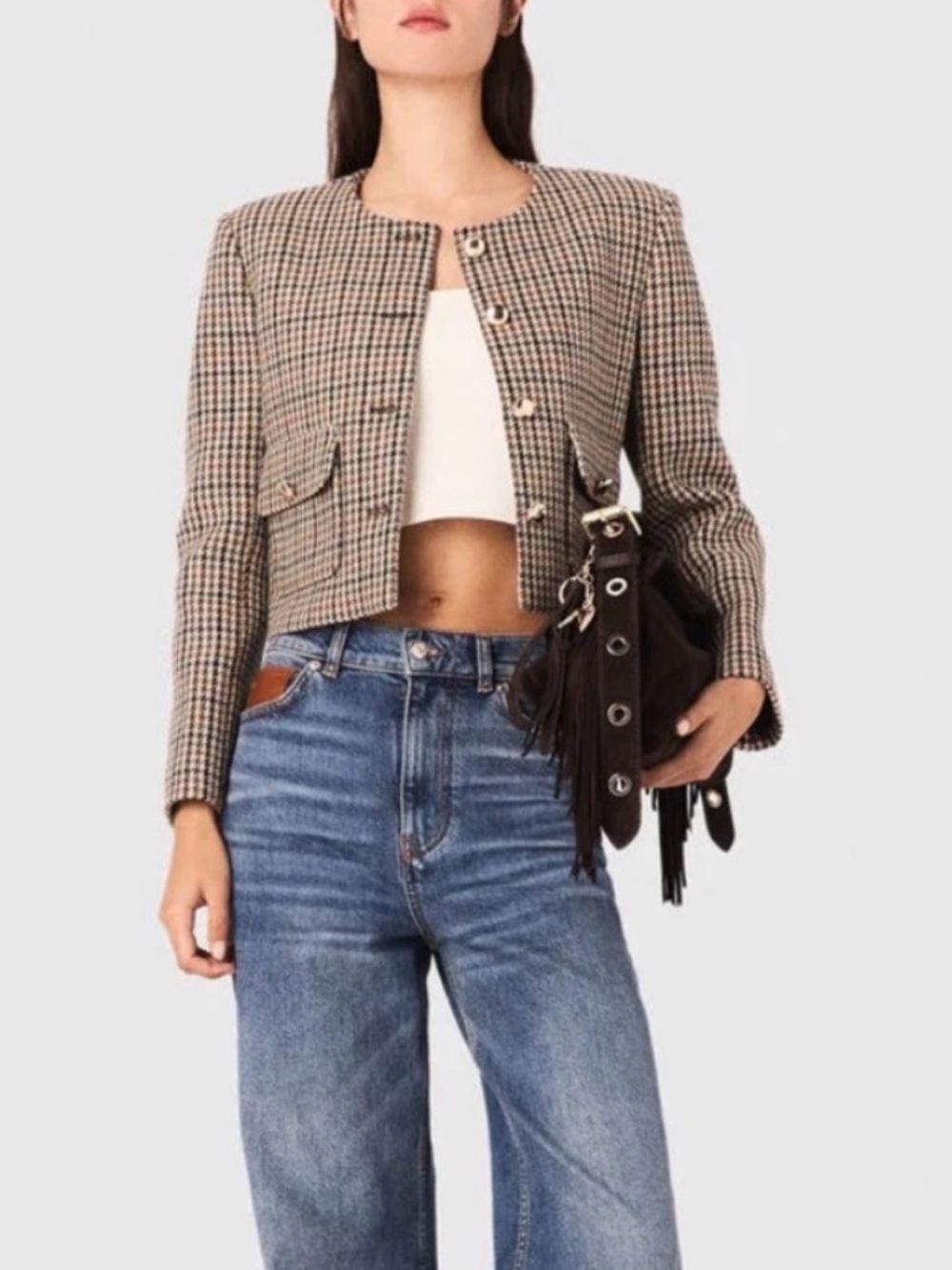 Maje Cropped Houndstooth Jacket in Beige and Black